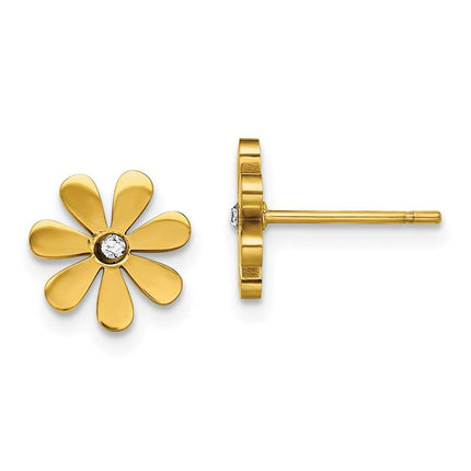 Stainless Steel Polished Yellow IP-plated with Crystal Flower Post Earrings ,