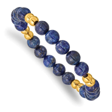 Stainless Steel Polished Yellow IP-plated w/Lapis Beaded Stretch Bracelet ,