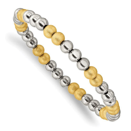 Stainless Steel Polished Yellow IP Sand Blasted Beaded Stretch Bracelet ,