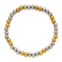 Stainless Steel Polished Yellow IP Sand Blasted Beaded Stretch Bracelet ,