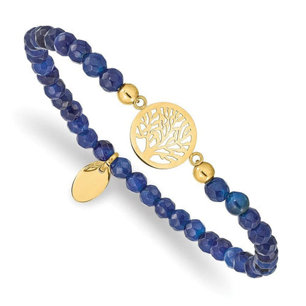 Stainless Steel Polished Yellow IP Tree of Life Blue Jade Stretch Bracelet ,