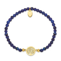 Stainless Steel Polished Yellow IP Tree of Life Blue Jade Stretch Bracelet ,