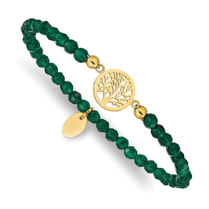 Stainless Steel Polished Yellow IP Tree of Life Green Jade Stretch Bracelet ,