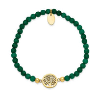 Stainless Steel Polished Yellow IP Tree of Life Green Jade Stretch Bracelet ,
