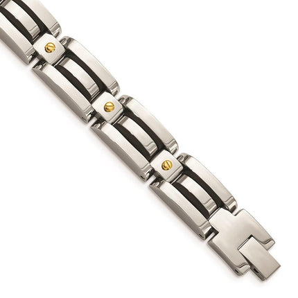 Stainless Steel Polished Yellow IP w/Black Polyurethane 8.25in Bracelet ,