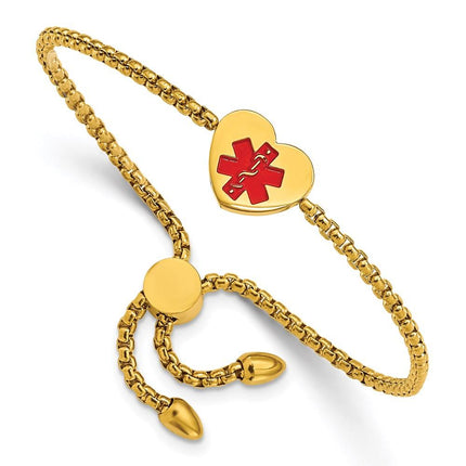 Stainless Steel Polished Yellow IP/Red Enamel Heart Medical ID Adj. Bracele ,
