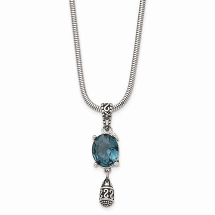 Stainless Steel Polished/Antiqued Blue Glass w/2 in ext. Necklace ,