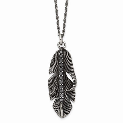 Stainless Steel Polished/Antiqued Feather w/Black CZ Necklace ,