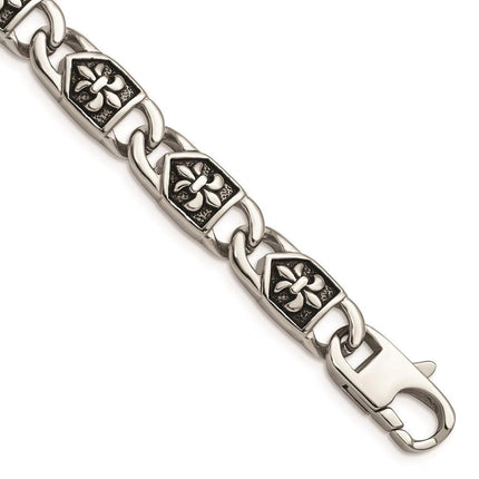 Stainless Steel Polished/Antiqued Fleur de Lis Bracelet ,