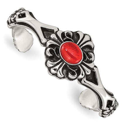 Stainless Steel Polished/Antiqued Flower Red Glass Cuff Bracelet ,