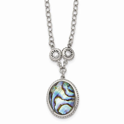 Stainless Steel Polished/Antiqued Imitation Abalone/CZw/1.5in ext. Necklac ,