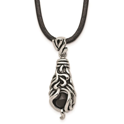 Stainless Steel Polished/Antiqued Moveable Black Agate Necklace ,
