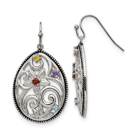 Stainless Steel Polished/Antiqued Multicolor CZ Earrings ,
