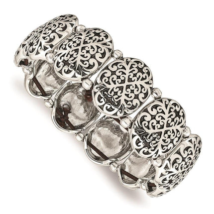 Stainless Steel Polished/Antiqued Oval Stretch Bracelet ,