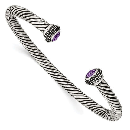 Stainless Steel Polished/Antiqued Purple CZ Twisted Bracelet ,