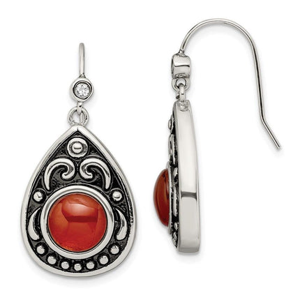 Stainless Steel Polished/Antiqued Red Agate/CZ Dangle Earrings ,