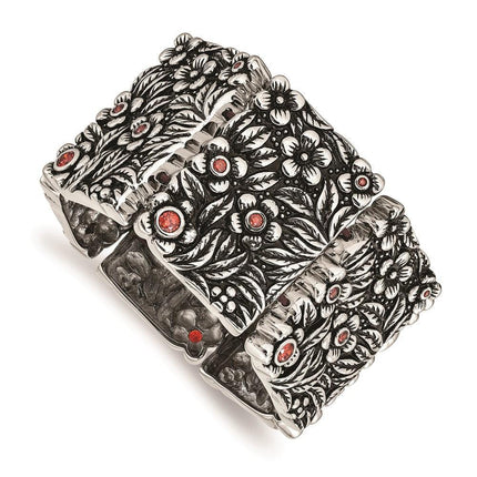 Stainless Steel Polished/Antiqued Red CZ Stretch Bracelet ,