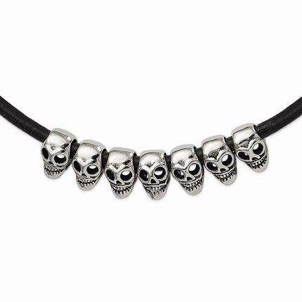 Stainless Steel Polished/Antiqued Skulls Black Leather Cord Necklace ,