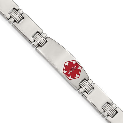 Stainless Steel Polished/Brushed Red Enamel 8.25in Medical Bracelet ,