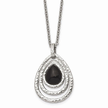 Stainless Steel Polished/Textured Black Onyx w/2in ext. Necklace ,