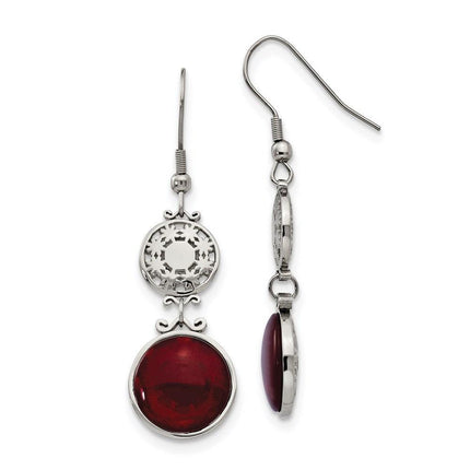 Stainless Steel Red Glass Polished Shepherd Hook Earrings ,
