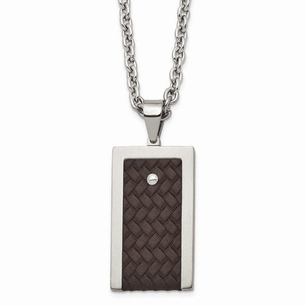 Stainless Steel Reversible Brushed & Polished with Brown Leather Necklace ,
