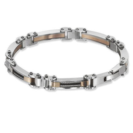 Stainless Steel Rose GP with Black and Silver Cable Bracelet ,