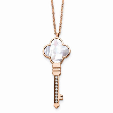 Stainless Steel Rose IP-plated CZ & MOP Key w/ 2in ext Necklace ,