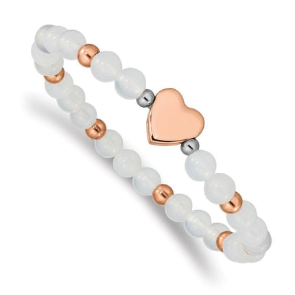 Stainless Steel Rose IP-plated Heart White Agate Stretch Bracelet ,
