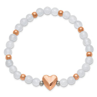 Stainless Steel Rose IP-plated Heart White Agate Stretch Bracelet ,