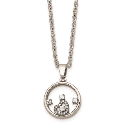 Stainless Steel Round with Heart CZ Polished Necklace ,