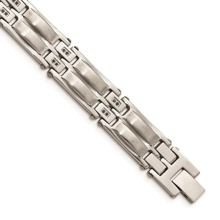 Stainless Steel Satin & Polished w/Black CZ Link Bracelet ,