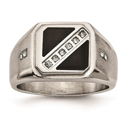 Stainless Steel Satin & Polished w/Black Enamel CZ Ring ,