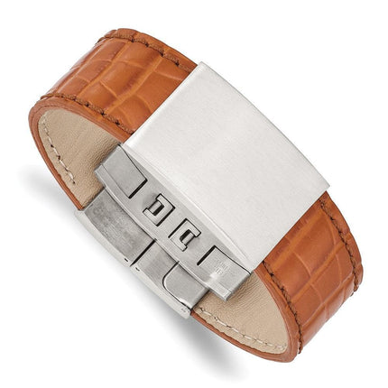 Stainless Steel Satin Textured Light Brown Leather 8in ID Bracelet ,