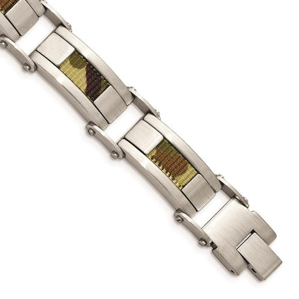 Stainless Steel Satin w/Brown Camo Fabric Inlay 8.5in. Link Bracelet ,