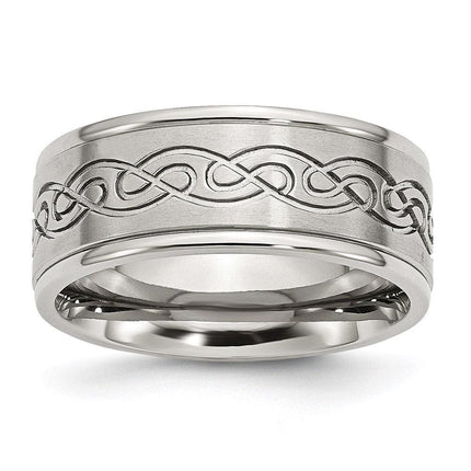 Stainless Steel Scroll Design 9mm Brushed/Polished Ridged Edge Band ,