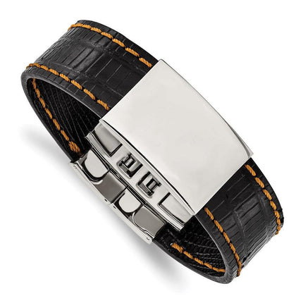 Stainless Steel Shiny Polished Plate Black with Orange Stitching Bracelet ,