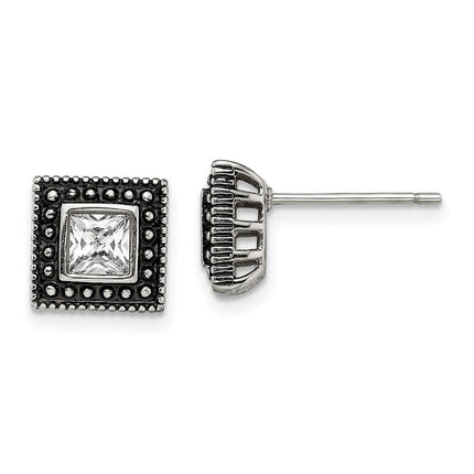 Stainless Steel Square CZ Antiqued Post Earrings ,