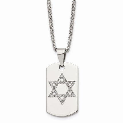 Stainless Steel Star of David CZ Dog Tag Polished Necklace ,