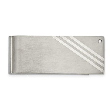 Stainless Steel Sterling Silver Inlay Brushed w/ CZ Money Clip ,