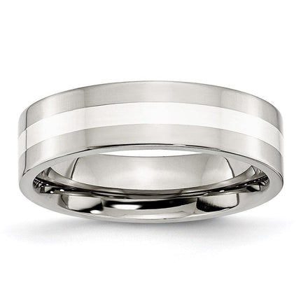 Stainless Steel Sterling Silver Inlay Flat 6mm Polished Band ,