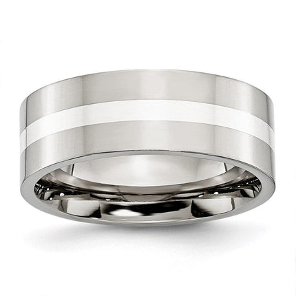 Stainless Steel Sterling Silver Inlay Flat 8mm Polished Band ,