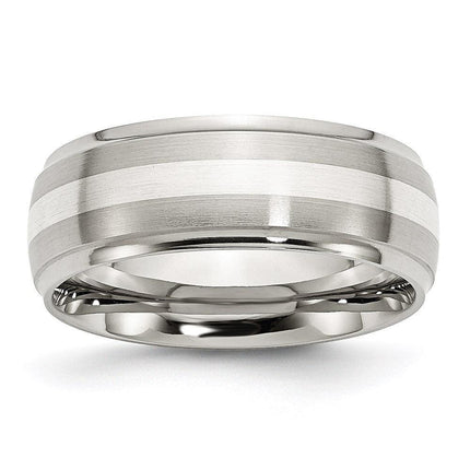 Stainless Steel Sterling Silver Inlay Ridged Edge Brushed and Polished Band ,