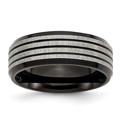 Stainless Steel Striped 8mm Black IP-plated Brushed/Polished Band ,