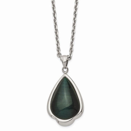 Stainless Steel Synthetic Green Cats Eye Teardrop 20in Necklace ,