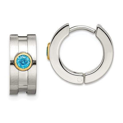 Stainless Steel Teal CZ & Yellow-plated Hinged Hoop Earrings ,