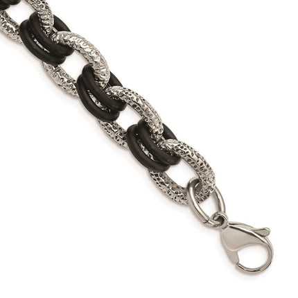 Stainless Steel Textured & Black Rubber 9in Bracelet ,