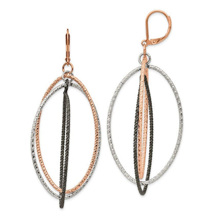 Stainless Steel Textured and Polished Gun & Rose IP Leverback Earrings ,