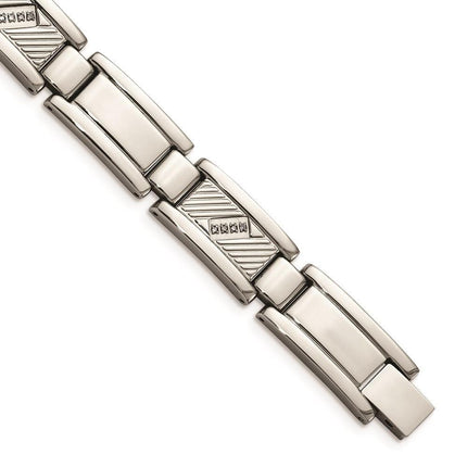 Stainless Steel Textured & Polished w/Diamonds 8.5in Bracelet ,