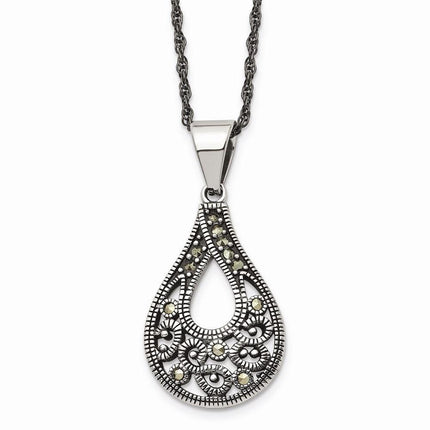 Stainless Steel Textured Teardrop Marcasite Necklace ,